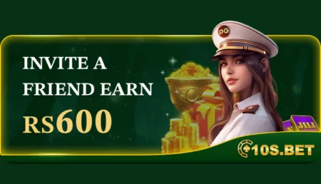 Invite a friend and earn Rs600 on 10s bet game promotion banner featuring a woman in a captain’s hat.