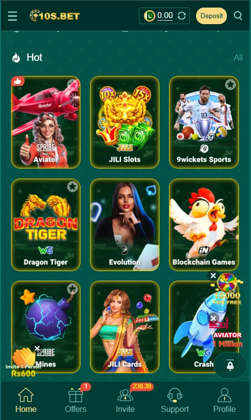 10s bet game dashboard showcasing popular games like Aviator, JILI Slots, Dragon Tiger, and 9Wickets Sports.