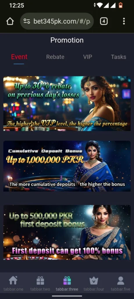 Promotional banners for bet345pk game offering rebates, deposit bonuses, and VIP rewards.