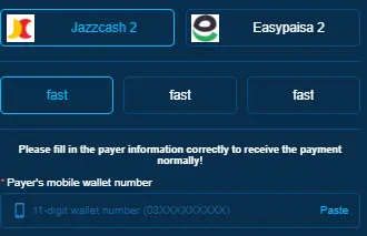 Zk77 Game deposit page with JazzCash and Easypaisa payment options.