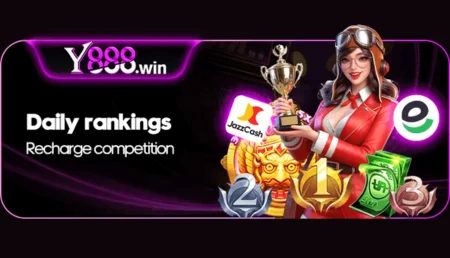 Y888 game daily rankings and recharge competition banner with a female character holding a trophy.