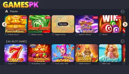 GamesPK main lobby with slot, casino, sports and arcade games