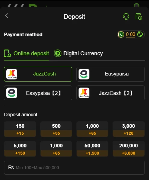 666d game deposit options showing JazzCash and Easypaisa payment methods with different deposit amounts.