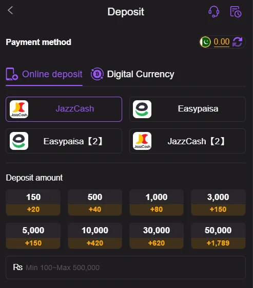 q 789 game deposit page with JazzCash and Easypaisa payment options