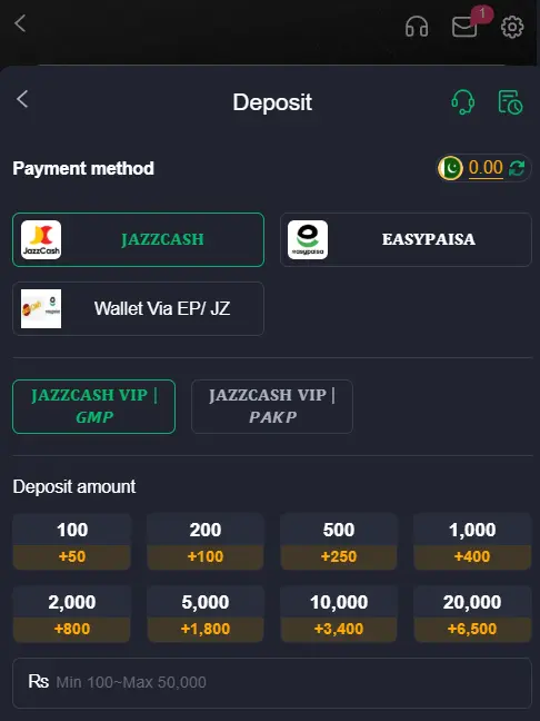 Deposit screen showing payment options JazzCash and Easypaisa in CK999 Game.