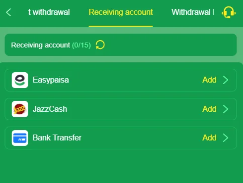 Interface of MJ77 game showing options to add receiving accounts including Easypaisa, JazzCash, and Bank Transfer.