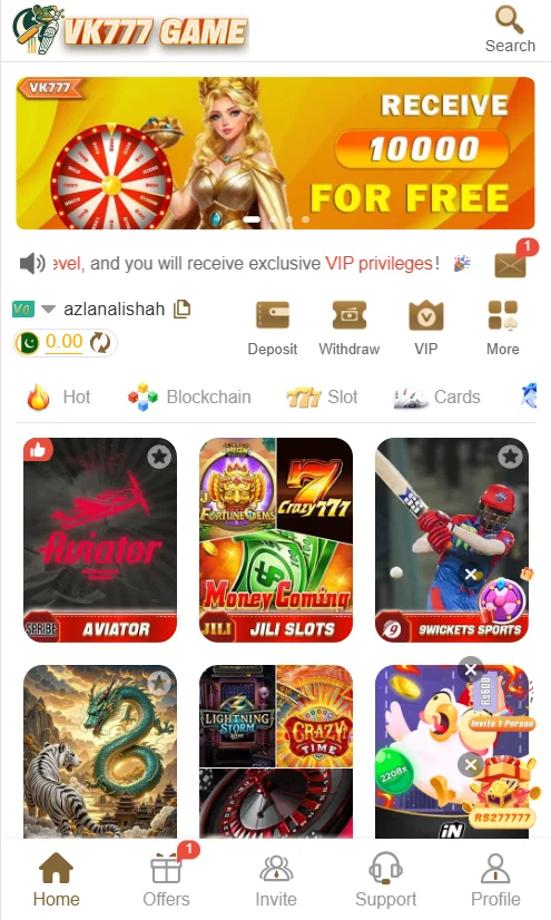 VK777 Game homepage displaying games like Aviator, 9Wickets Sports, JILI Slots, and a banner offering 10,000 bonus.
