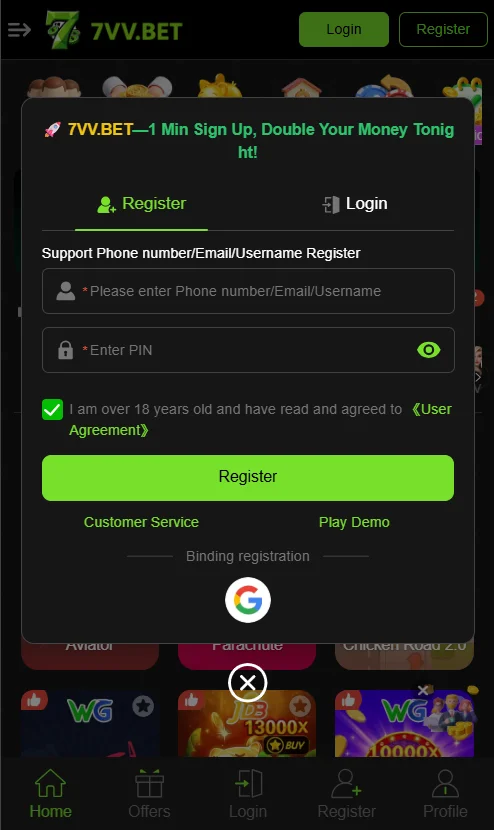 7VV Game registration screen showing input fields for phone number/email/username and PIN, with a green register button and Google login option.