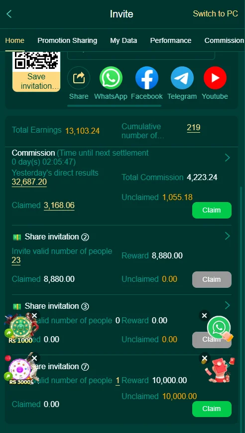 Invite and commission earnings screen from the C444 Game app showing earnings, referrals, and invite bonuses.