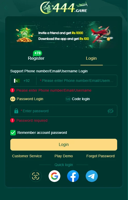 Login and registration screen of the C444 Game app showing input fields and social login options.