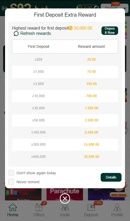 S92 game first deposit bonus chart showing reward amounts based on deposit tiers.