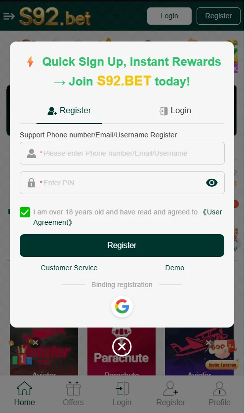 S92 game registration form with phone/email input, PIN, and agreement checkbox.