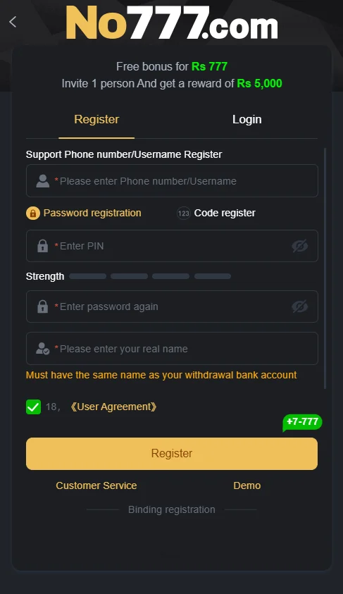 Registration page of no777 game with Rs 777 bonus and Rs 5000 referral offer displayed.