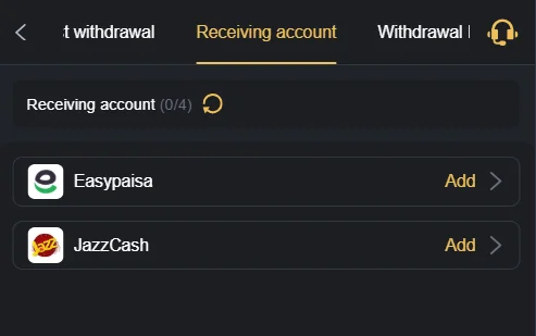 Mobile app interface showing Easypaisa and JazzCash as receiving account options, related to no777 game withdrawal setup.