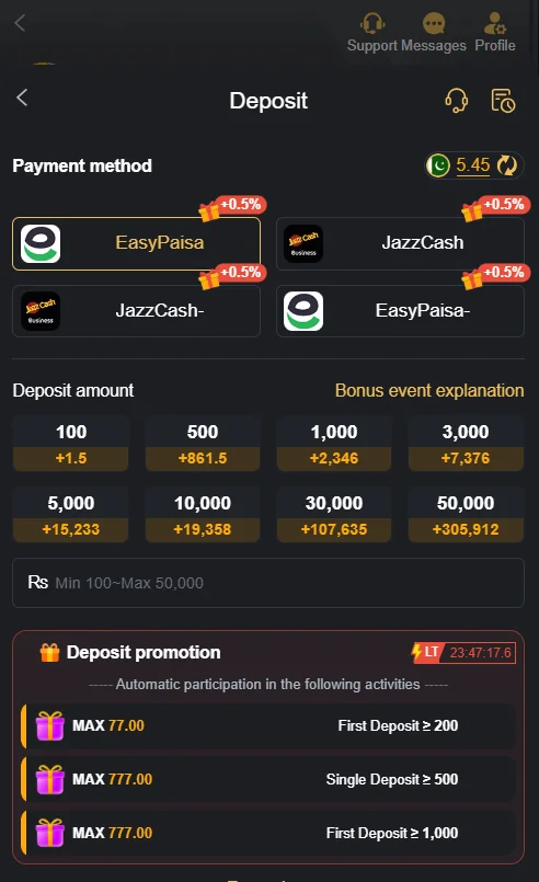 No 777 Game deposit interface with available payment methods, bonus offers, and promotional deposit rewards.