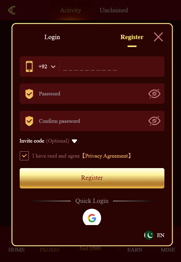 A55 game registration form showing mobile number input, password fields, invite code option, and Google quick login.