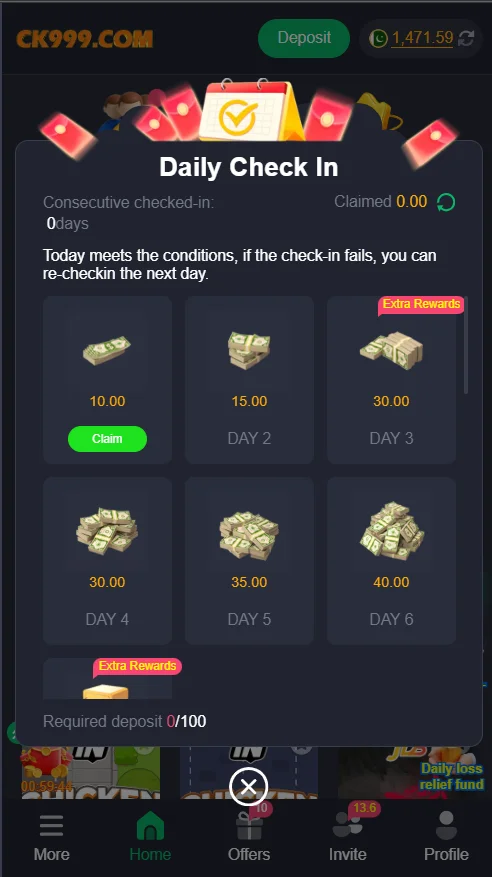 CK999 game daily check-in bonus screen showing consecutive rewards for six days with extra rewards and claim options.