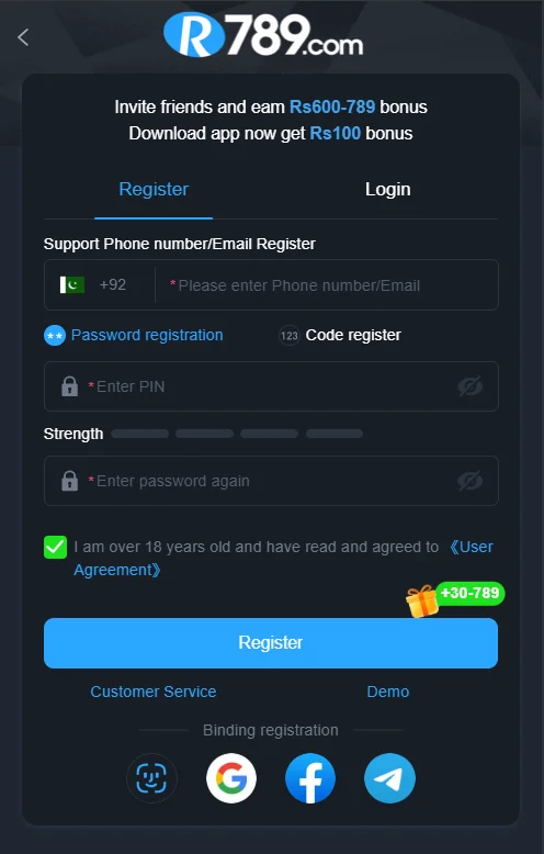 r789 game registration page showing phone number, password, and bonus offers for new users