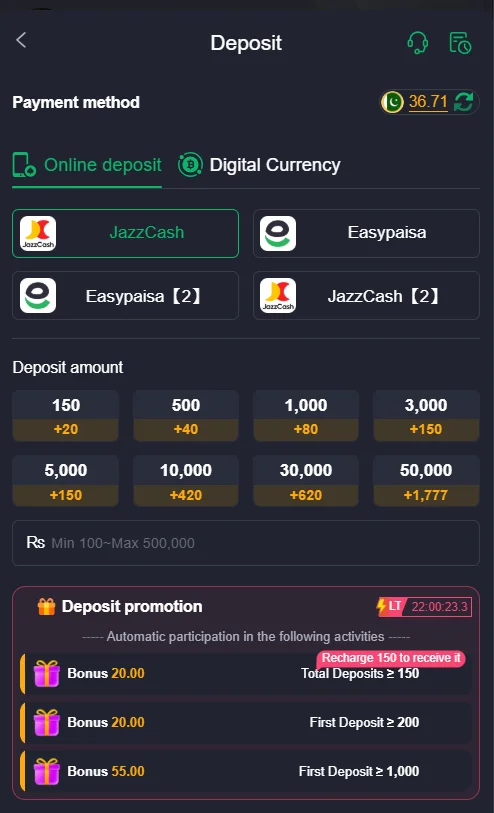 Z777 game deposit screen showing online deposit options via JazzCash and Easypaisa, along with deposit amounts and bonus offers.