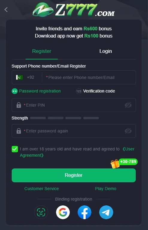 Registration screen for the Z777 game showing options to sign up using a phone number or email, set a password, and agree to the user agreement.