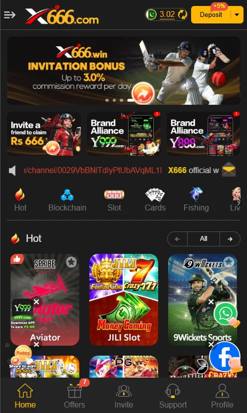 x666 game homepage showing deposit options, games, and promotions