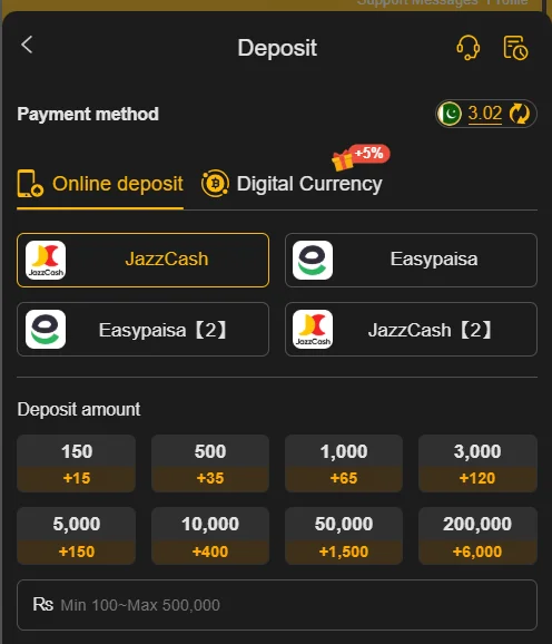 x666 game deposit screen with jazzcash and easypaisa payment options