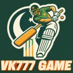 VK777 Game cricket logo featuring a batsman with Pakistan’s flag theme.