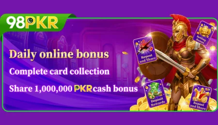 98 PKR game banner showing a Roman warrior with reward cards and PKR cash bonus offer.