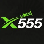 X555 game official logo with green airplane and bold white text on a dark background.