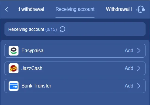 345e game withdrawal page showing options to add Easypaisa, JazzCash, and bank transfer accounts.