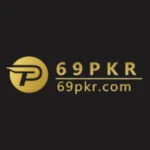 official logo of 69pkr game in golden color with website address on a dark background