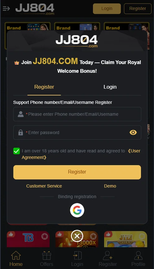 JJ804 game registration screen showing fields for phone number email username and password with options to register or log in.