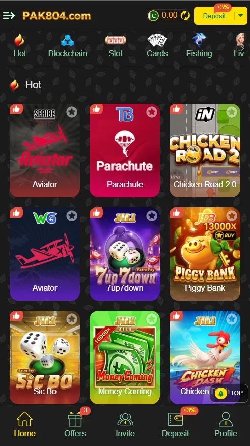 alt text shows the Pak804 game home screen with various game tiles including aviator parachute chicken road piggy bank money coming and other popular options