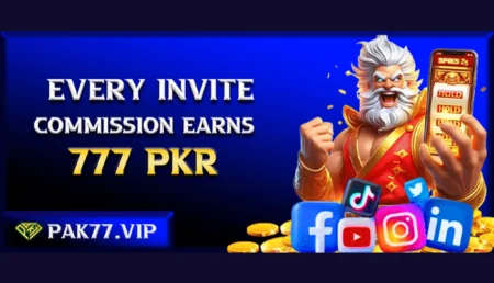 Pak77 game promotional banner featuring an animated character holding a phone with commission earning details and social media icons.