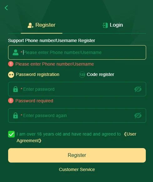Pak77 Game registration screen asking for phone number, username, and password to create an account.
