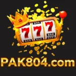 Logo of Pak804 game featuring a slot machine with triple sevens, gold coins, and a crown symbolizing jackpot winnings.