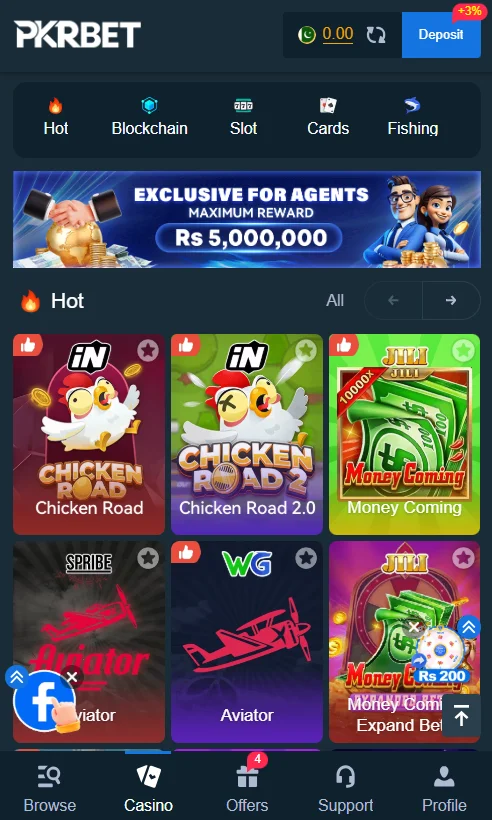 Pkrbet game home screen displaying popular games like Chicken Road, Chicken Road 2.0, Aviator, and Money Coming with various categories and promotional banners.