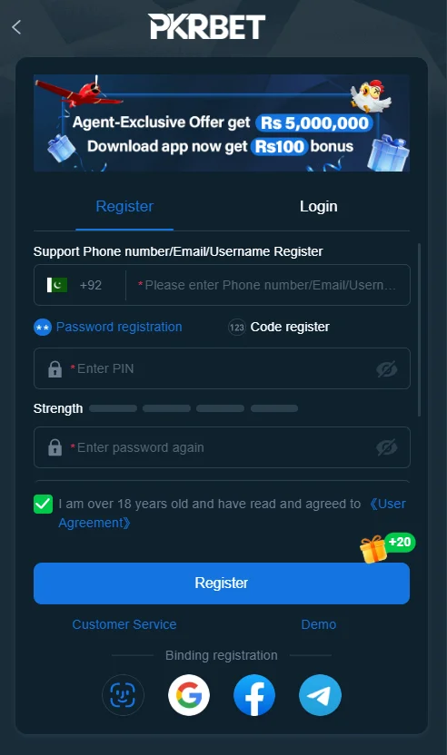Registration interface of Pkrbet game showing phone number, PIN, and password fields for new users.