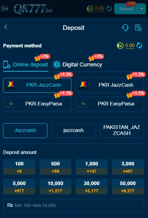 QK777 game deposit interface displaying online deposit options and digital currency methods with JazzCash and EasyPaisa.