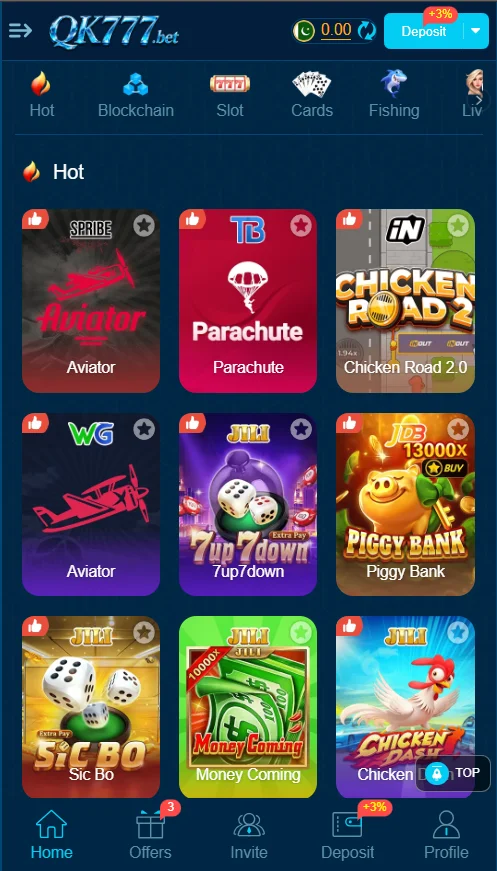 qk777 game home page showing popular games like aviator parachute chicken road piggy bank and sic bo