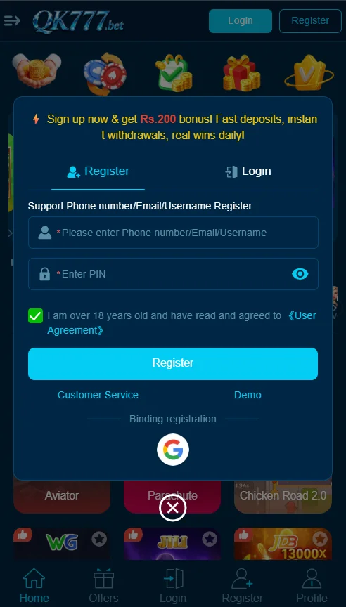 QK777 game registration screen showing fields for phone number, email, or username with PIN entry and agreement checkbox.