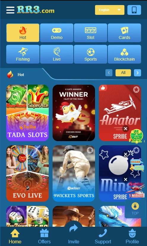 RR3 game home page showing slots sports and live casino options