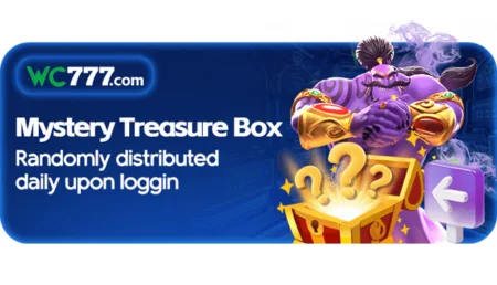 Wc777 game mystery treasure box banner with a genie and reward chest