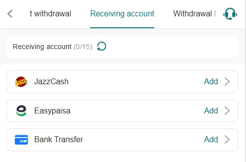 WC99 Game withdrawal section showing JazzCash, Easypaisa, and bank transfer options for receiving funds.