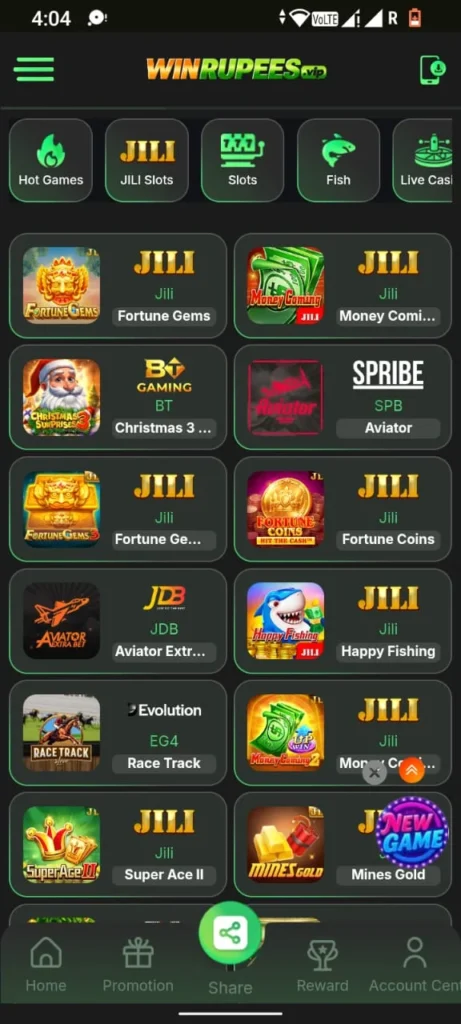 mobile screen showing the win rupees game platform with various slot and casino game icons displayed in a grid layout