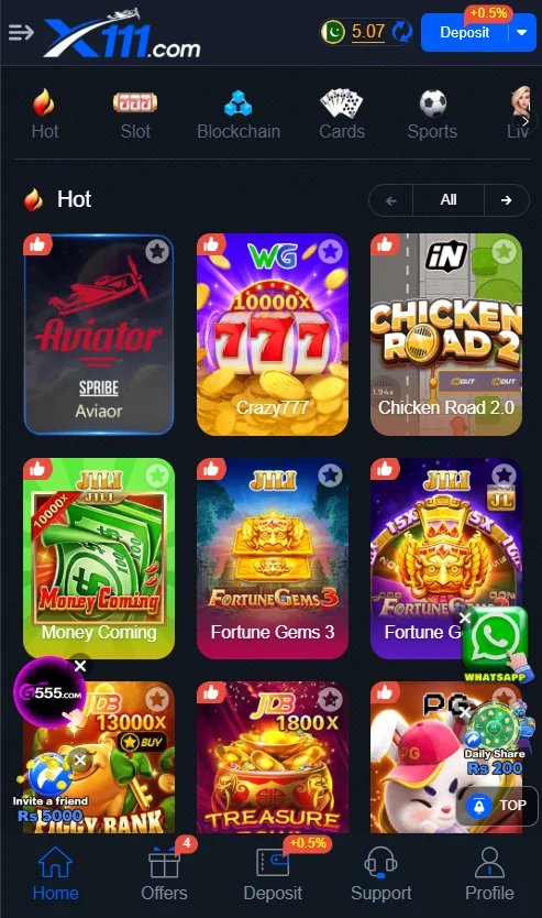 X111 game home screen showing popular slot and casino games including Aviator, Crazy777, and Chicken Road.
