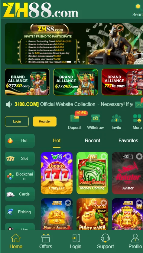 ZH88 game home page with slot and casino game options and promotional banners.