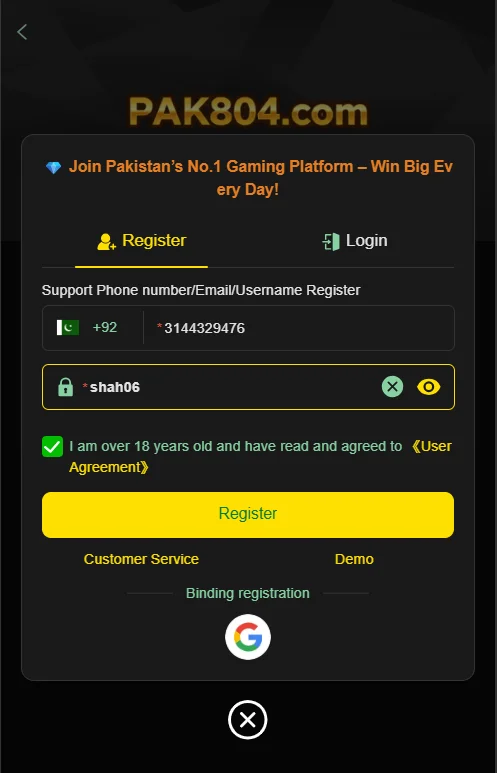 alt text shows the Pak804 game registration screen with fields for phone number username and an age confirmation checkbox