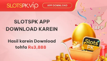 PK Slots game app download promotion banner offering Rs3888 reward for new users.